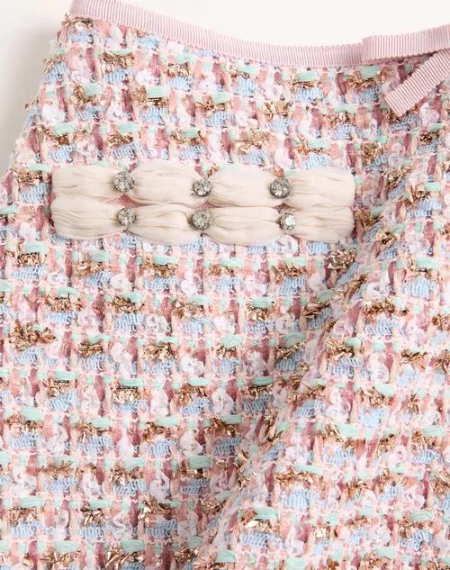 Bow Detailed Frayed Hem Tweed Skirt