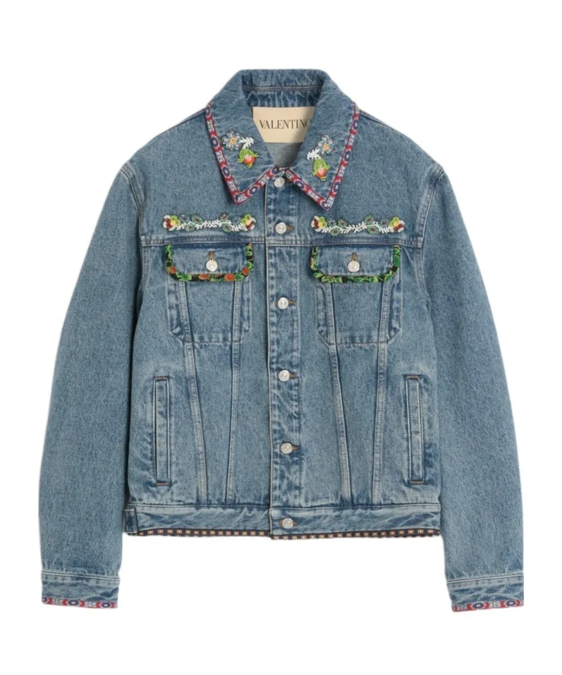 Floral Detailed Button-Up Denim Jacket