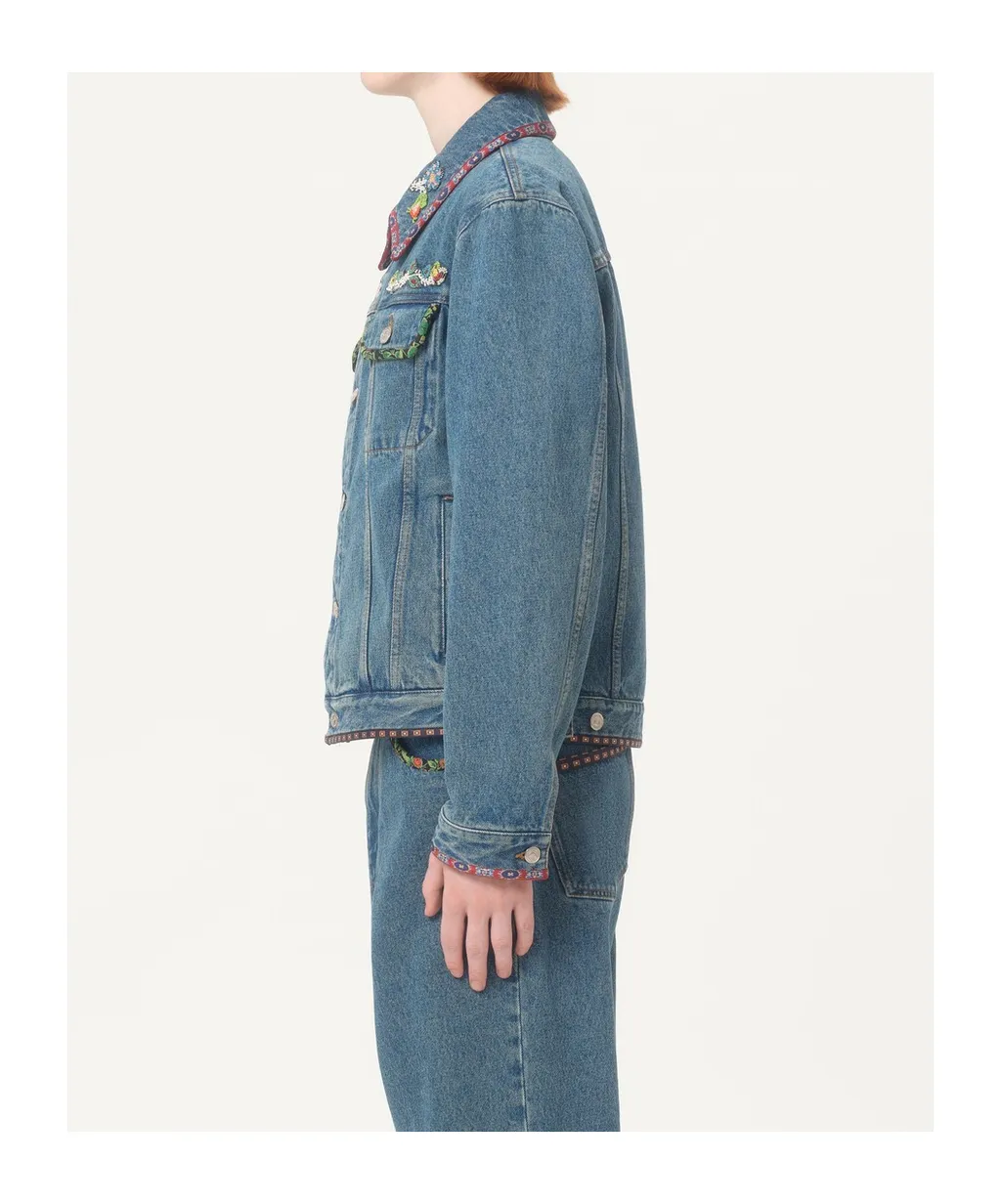 Floral Detailed Button-Up Denim Jacket