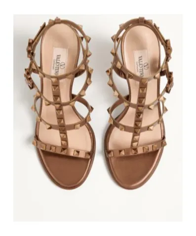 Rockstud Metallic Calfskin Leather Ankle Strap Sandal 90 Mm