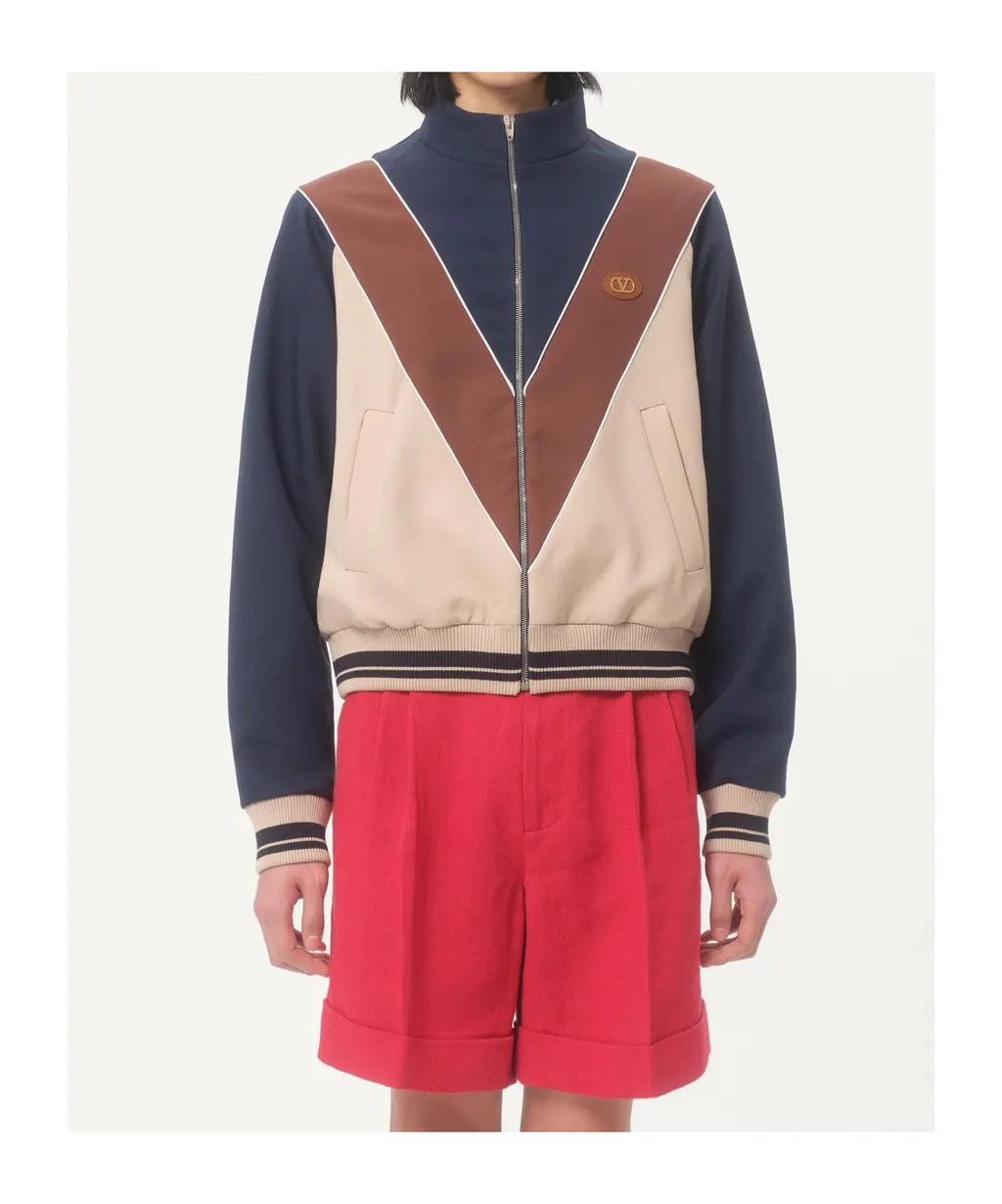 Nylon Sweatshirt With Zip And V Logo Patch