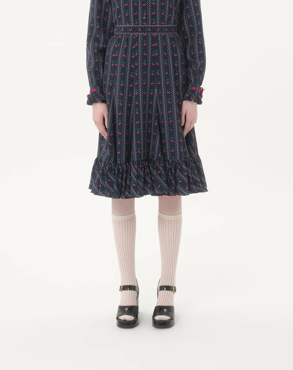 Crepe De Chine Midi Skirt With Cherryfic Print