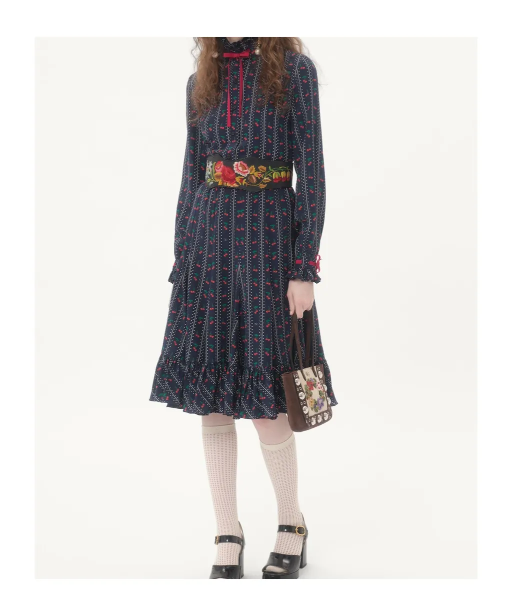Crepe De Chine Midi Skirt With Cherryfic Print