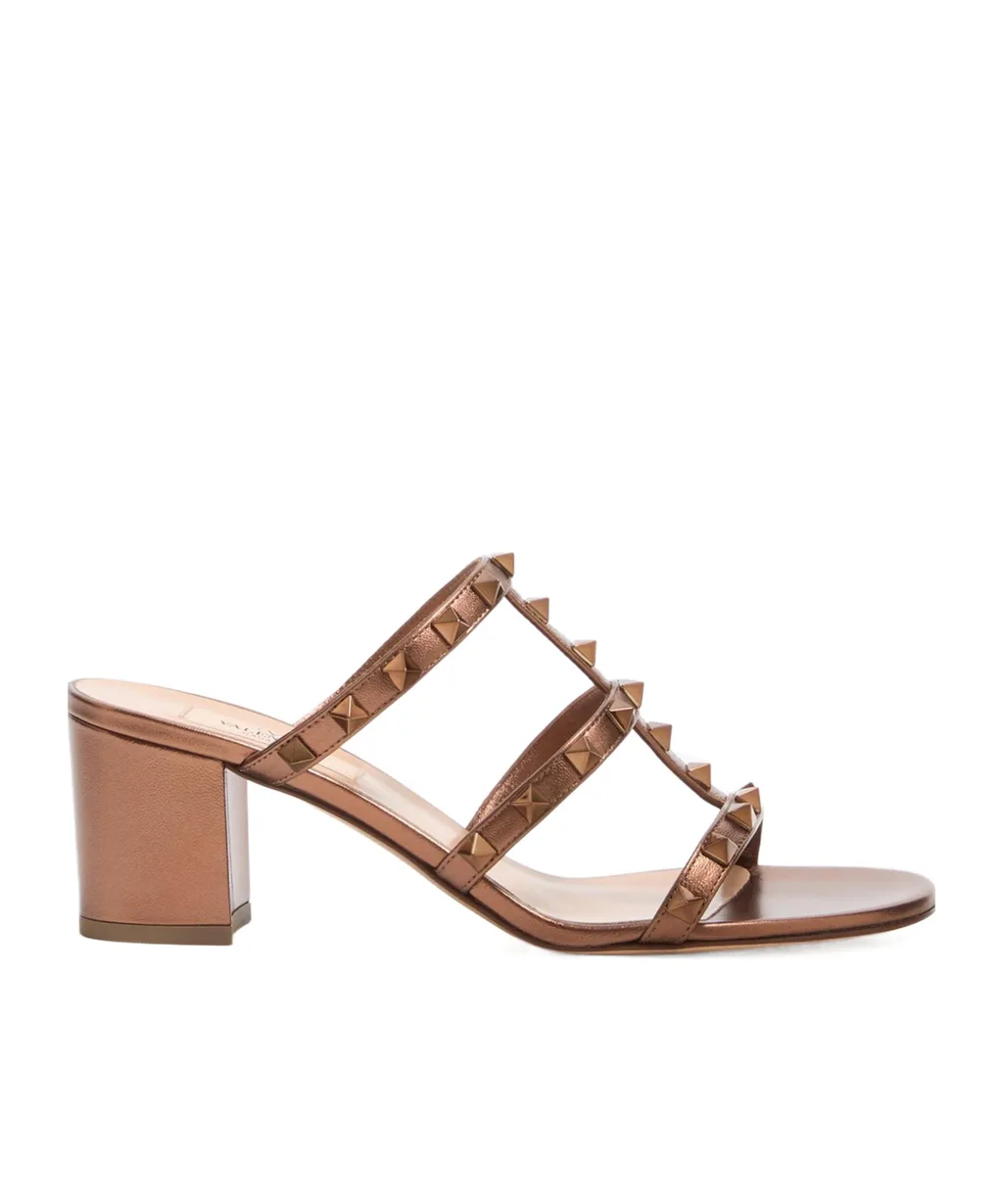 Rockstud Metallic Calfskin Leather Slide Sandal 60 Mm