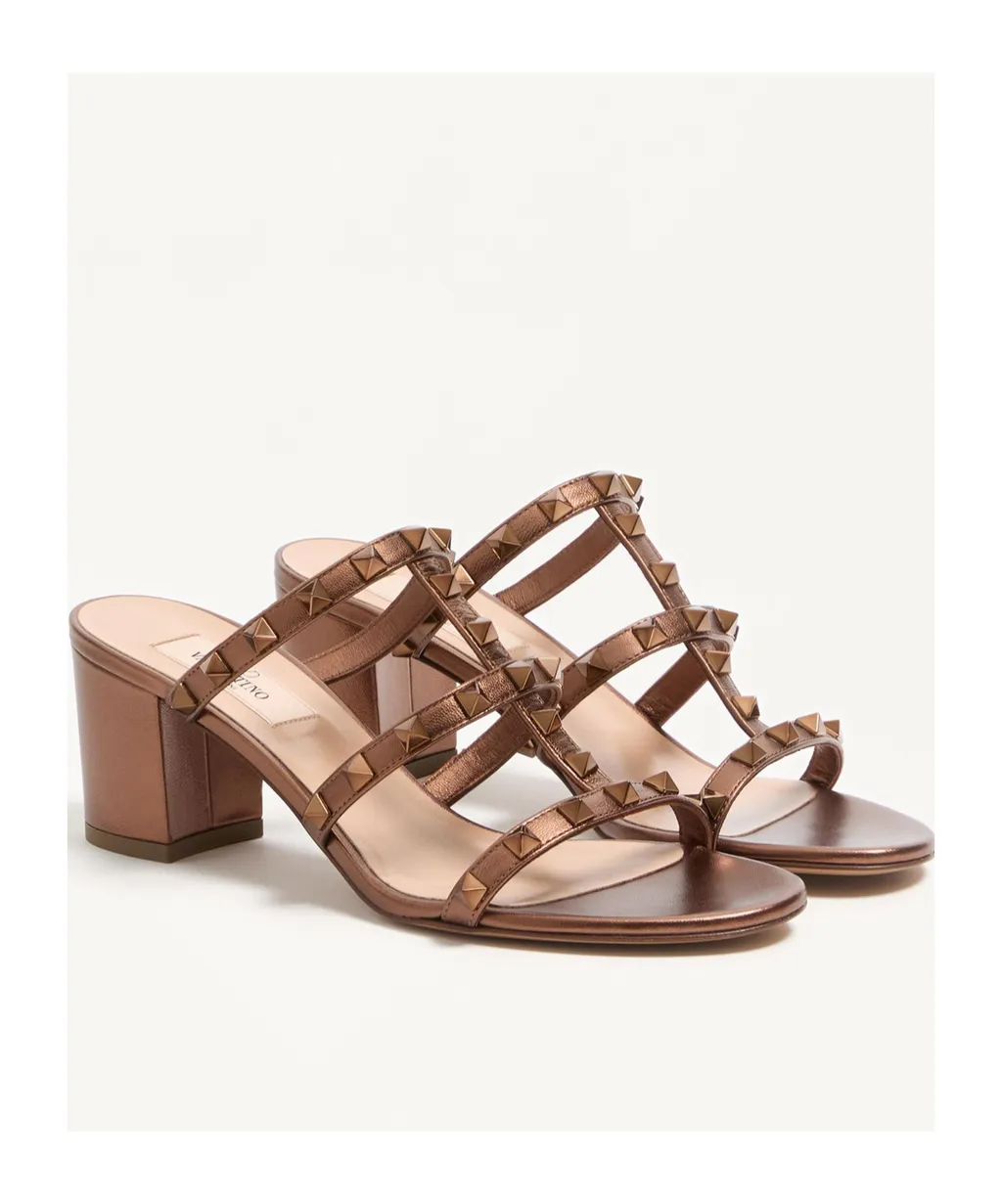 Rockstud Metallic Calfskin Leather Slide Sandal 60 Mm