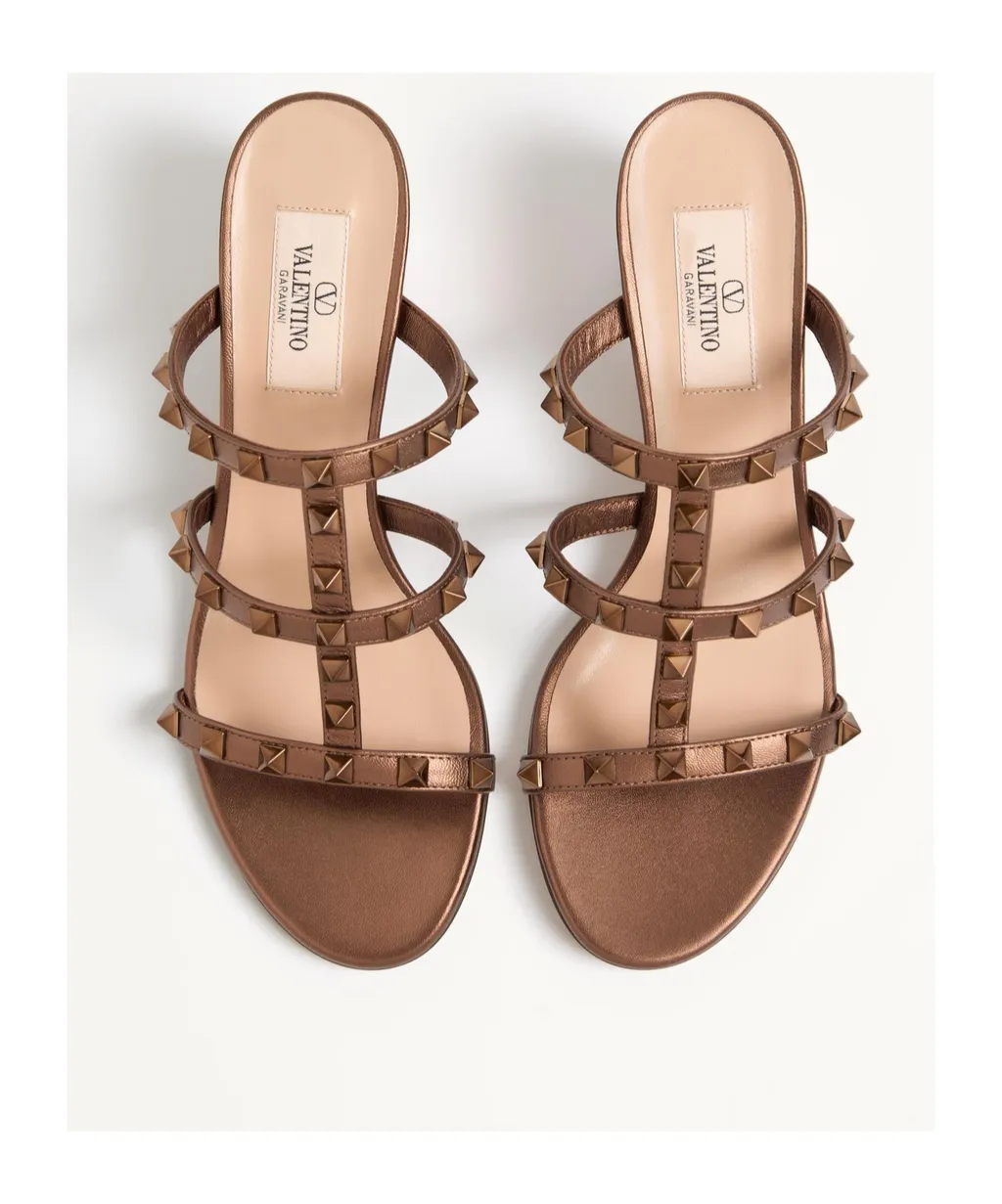 Rockstud Metallic Calfskin Leather Slide Sandal 60 Mm