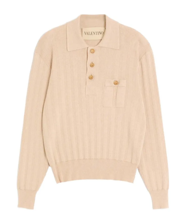 Button Detailed Long-Sleeved Ribbed Polo Shirt