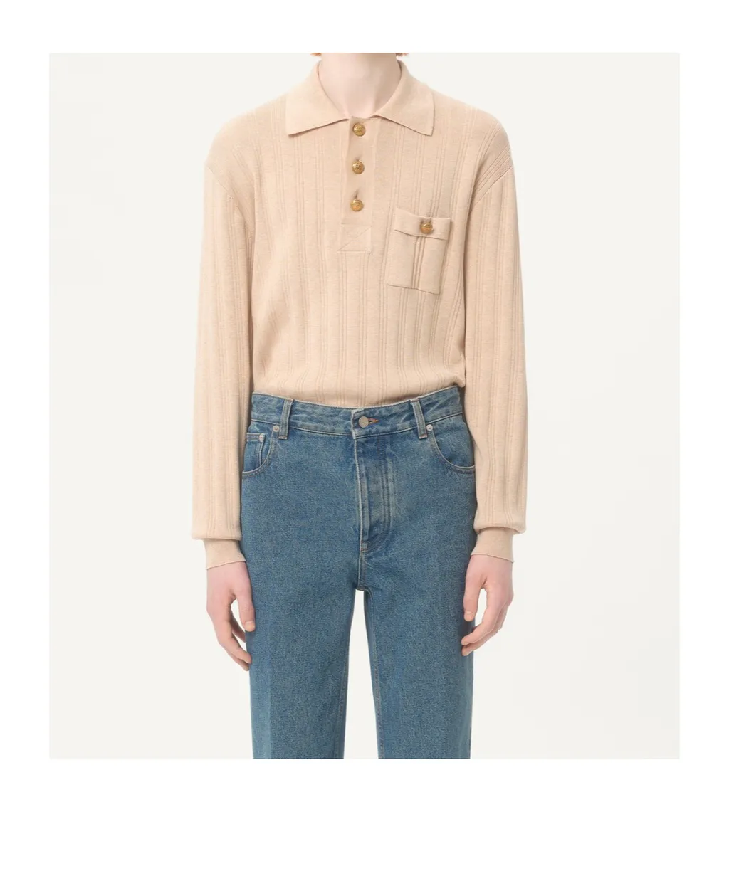 Button Detailed Long-Sleeved Ribbed Polo Shirt
