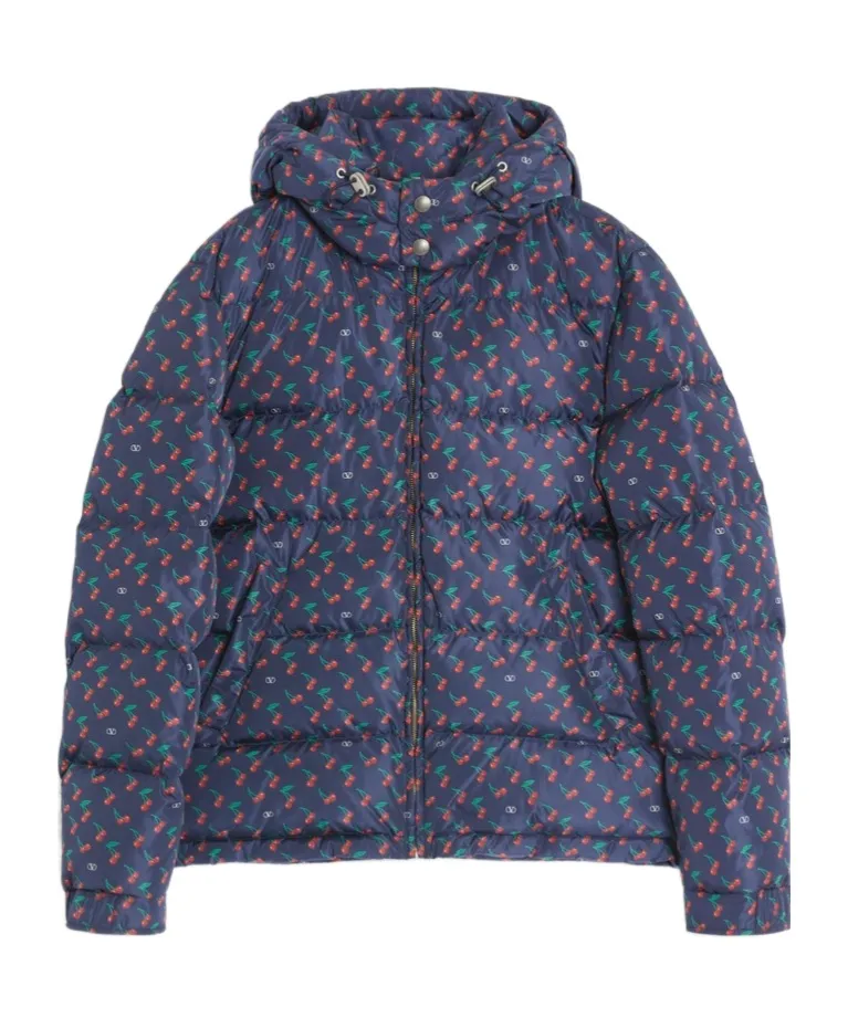Nylon Hooded Down Jacket With Cherryfic Print