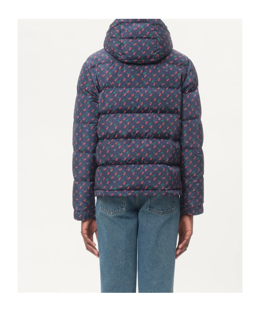 Nylon Hooded Down Jacket With Cherryfic Print