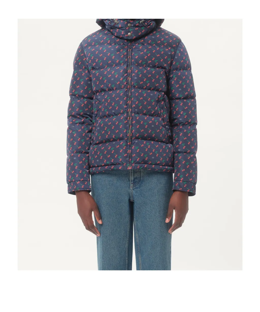 Nylon Hooded Down Jacket With Cherryfic Print