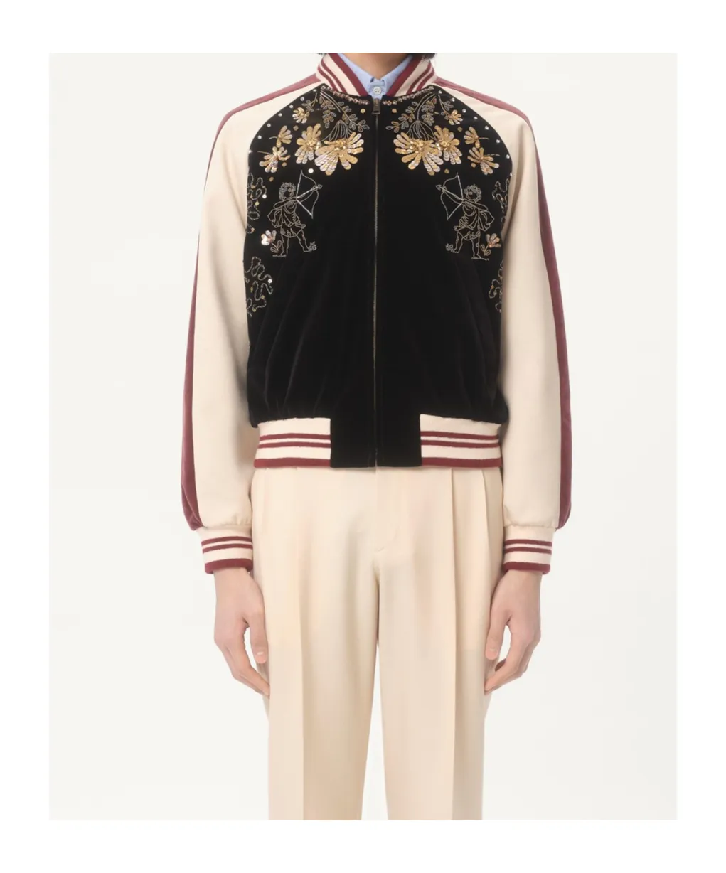 Embroidered Velour Bomber Jacket