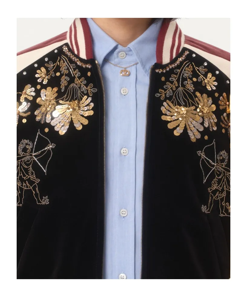 Embroidered Velour Bomber Jacket