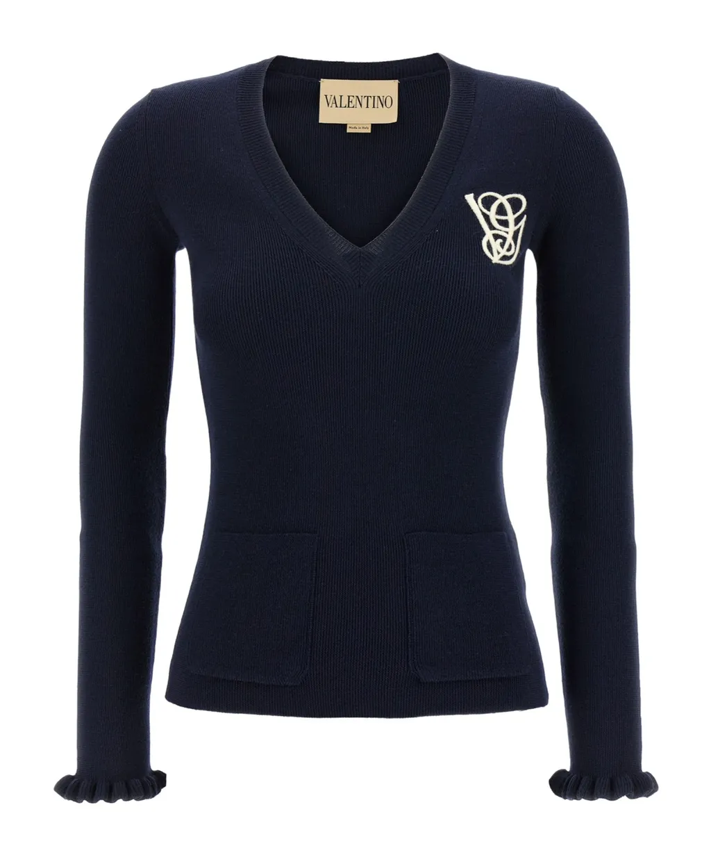 Ruffled V-Neck Wool Sweater