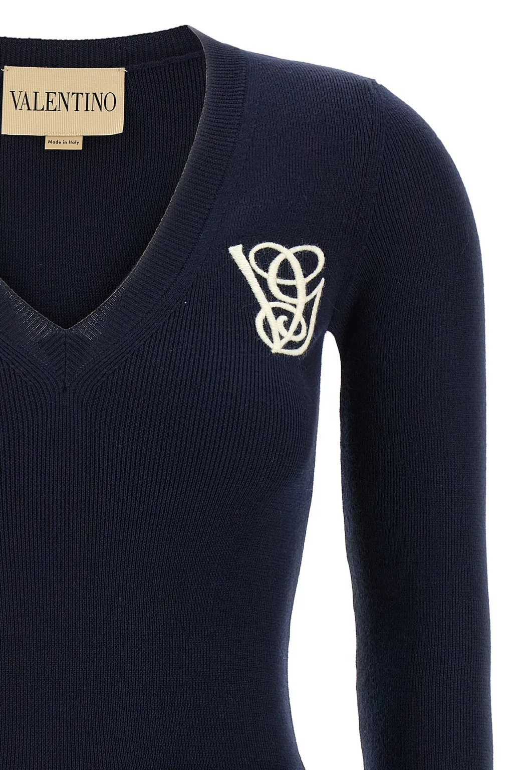 Ruffled V-Neck Wool Sweater