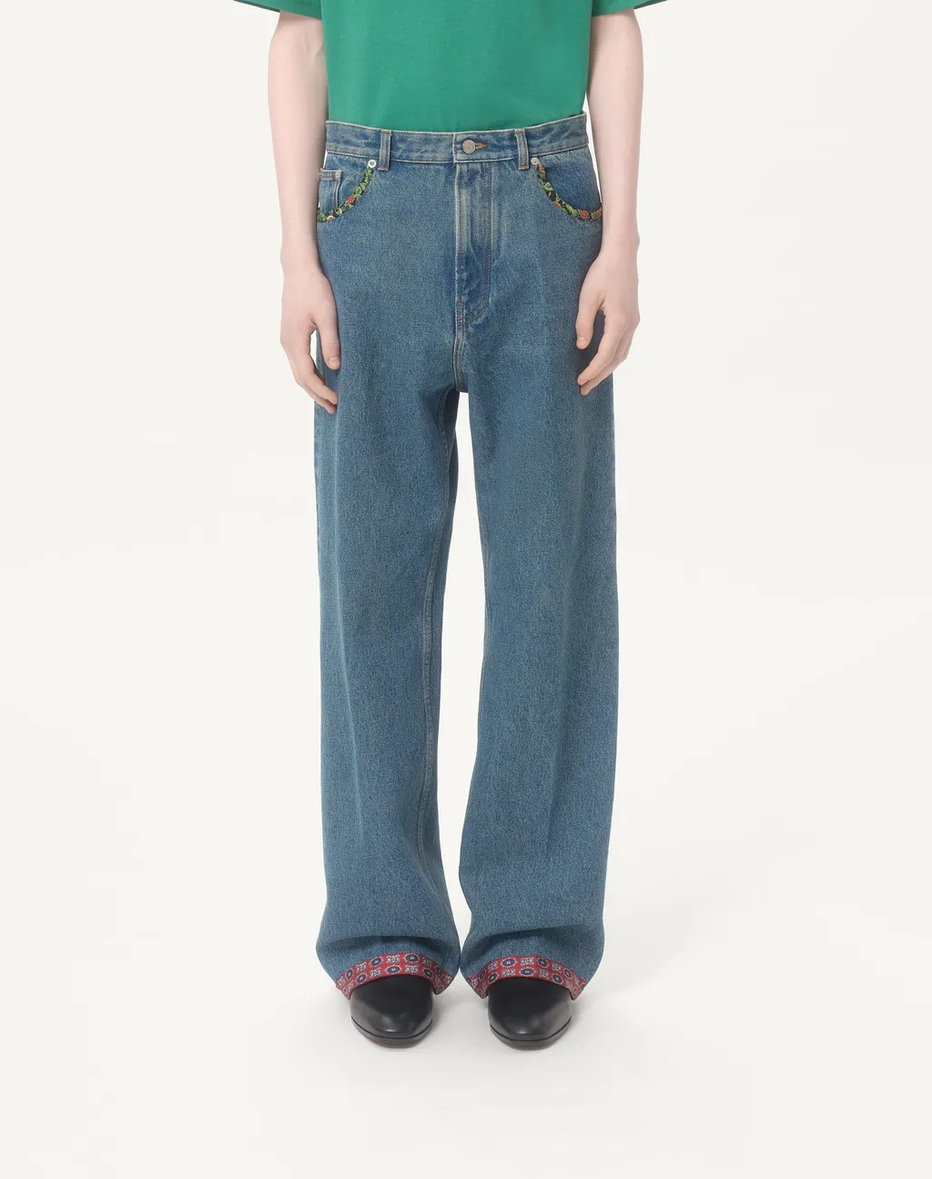 Denim Trousers With Printed Border