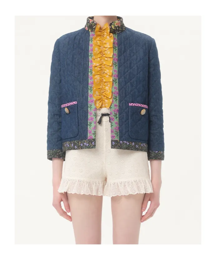 Floral Detailed Quilted Denim Jacket