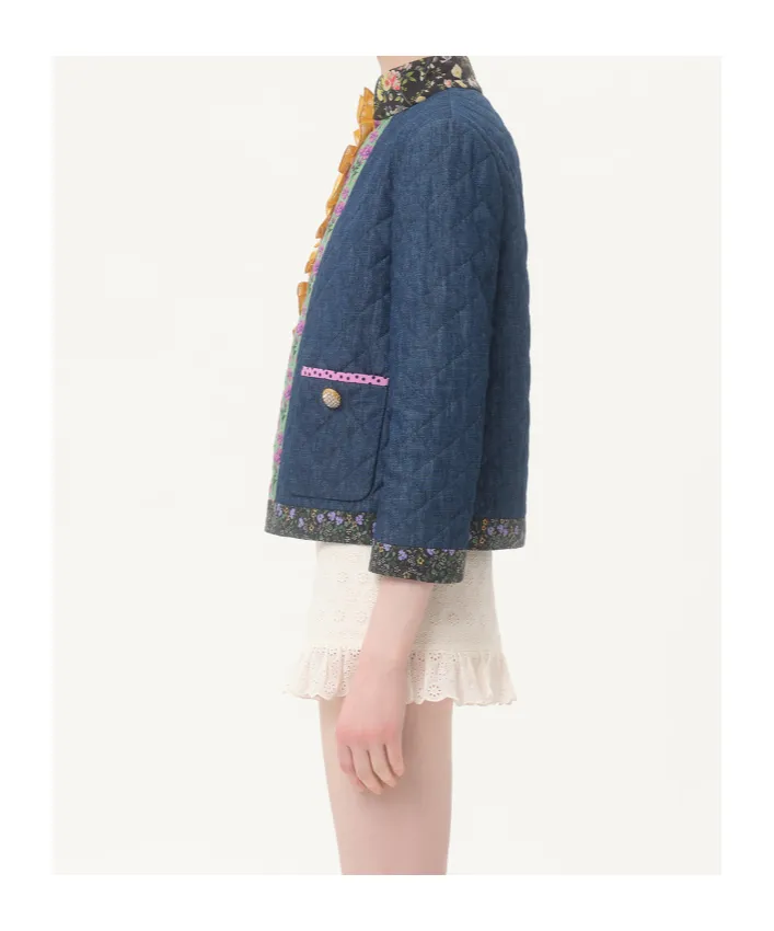 Floral Detailed Quilted Denim Jacket
