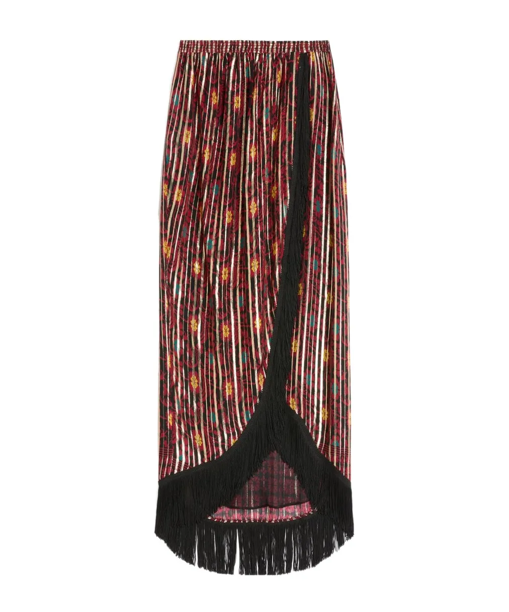 Fringed Floral-Print Maxi Skirt
