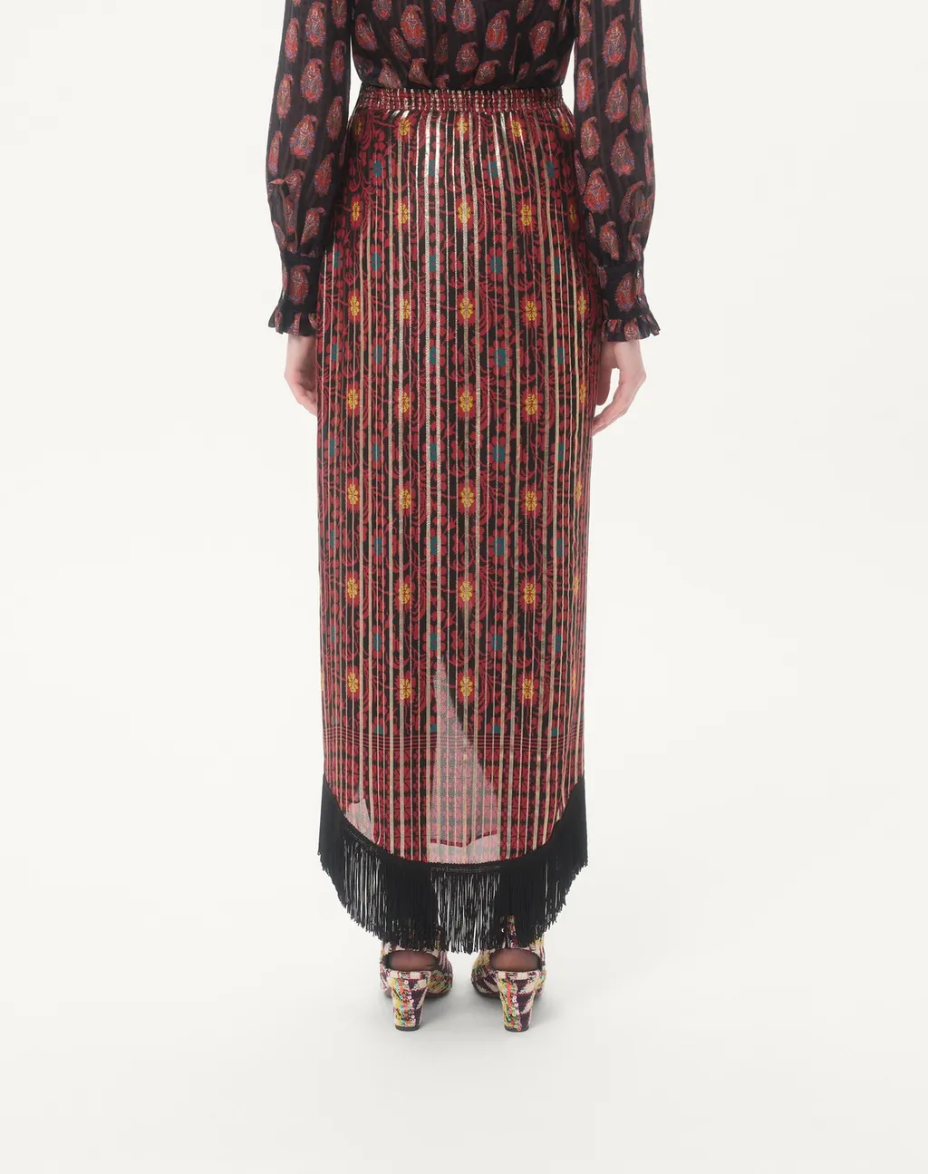 Fringed Floral-Print Maxi Skirt