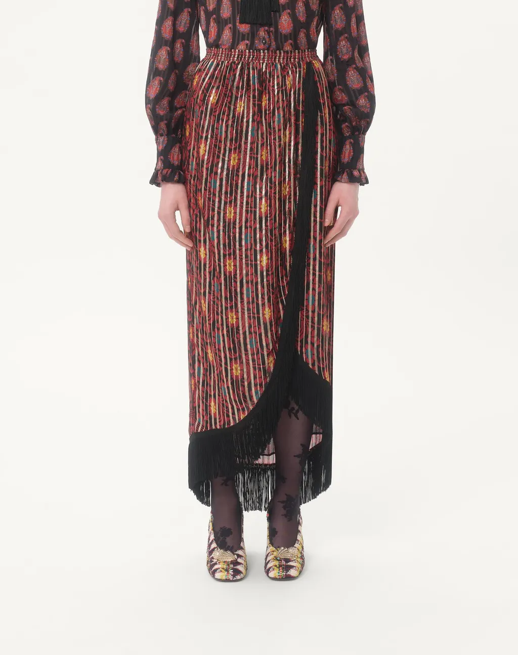 Fringed Floral-Print Maxi Skirt