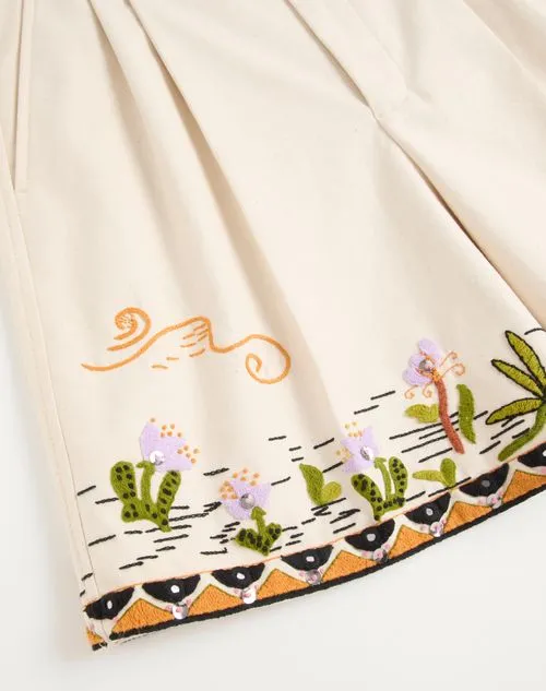 Bermuda In Canvas Di Cotone Con Ricamo Floreale E Passamaneria In Jacquard