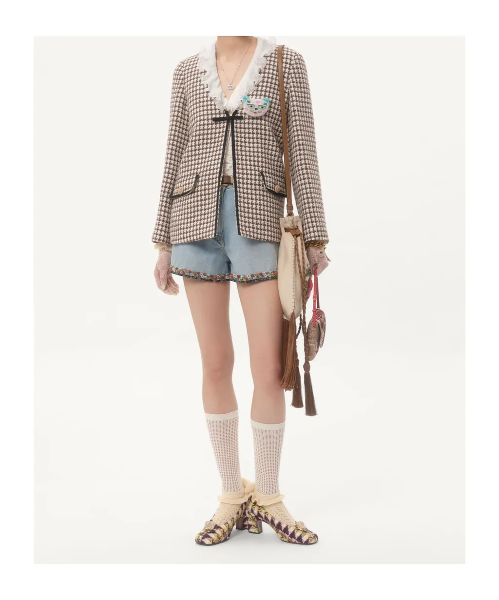 Tweed Houndstooth-Pattern Jacket