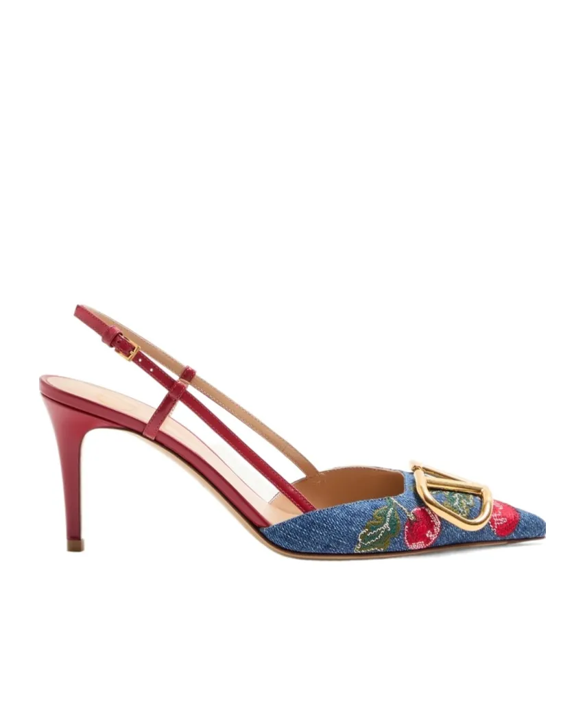 Vlogo Signature Slingback Pumps In Denim With Cherryfic Embroidery 80Mm