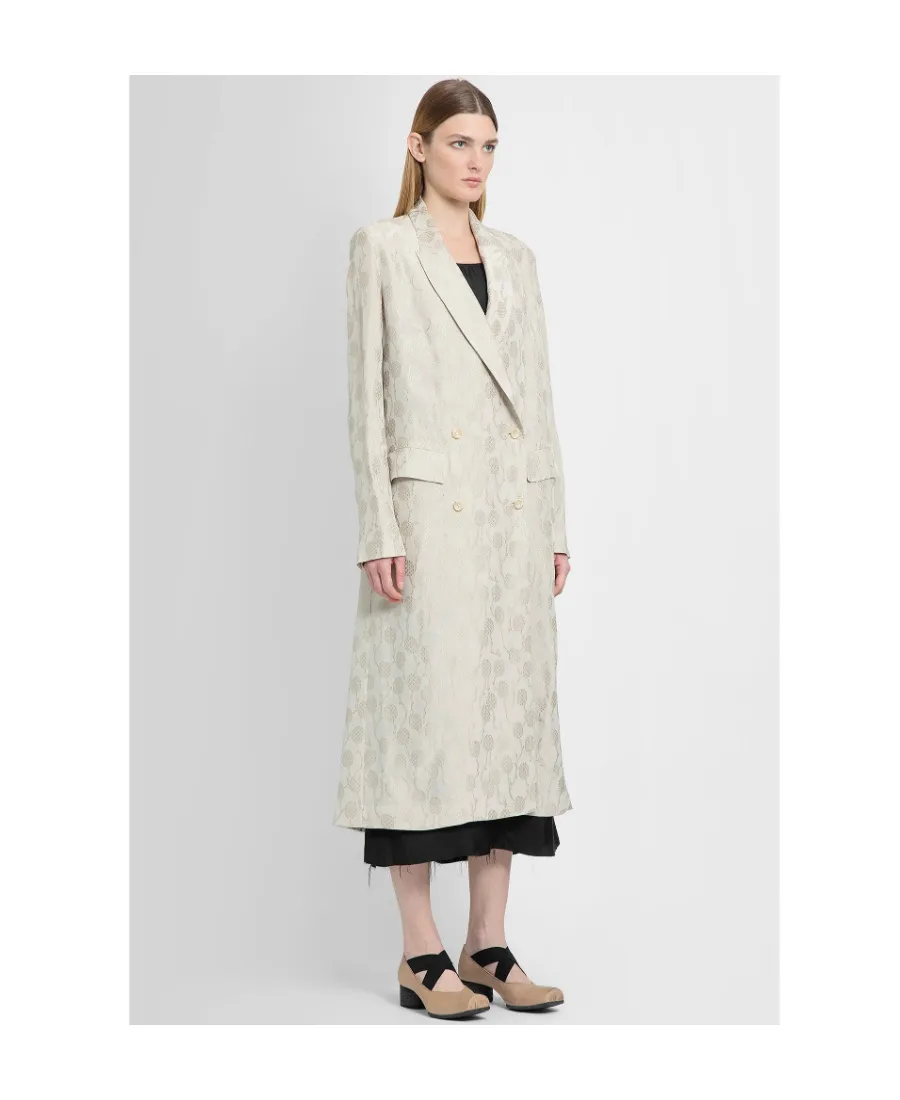 Jacquard Ruched-Detail Double-Breasted Coat