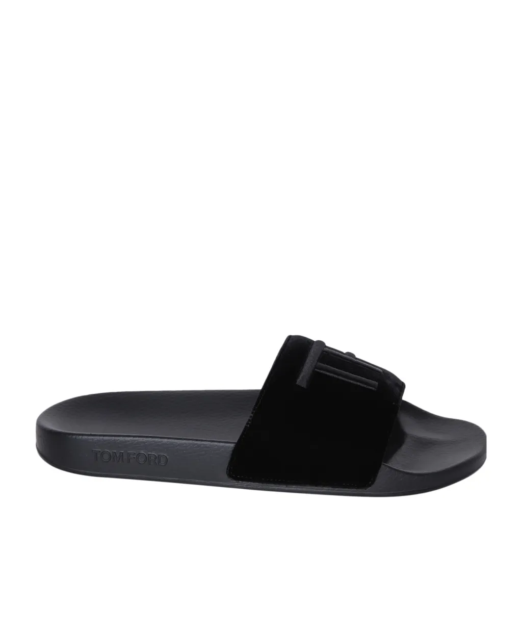 Logo Embroidered Open-Toe Velvet Slides