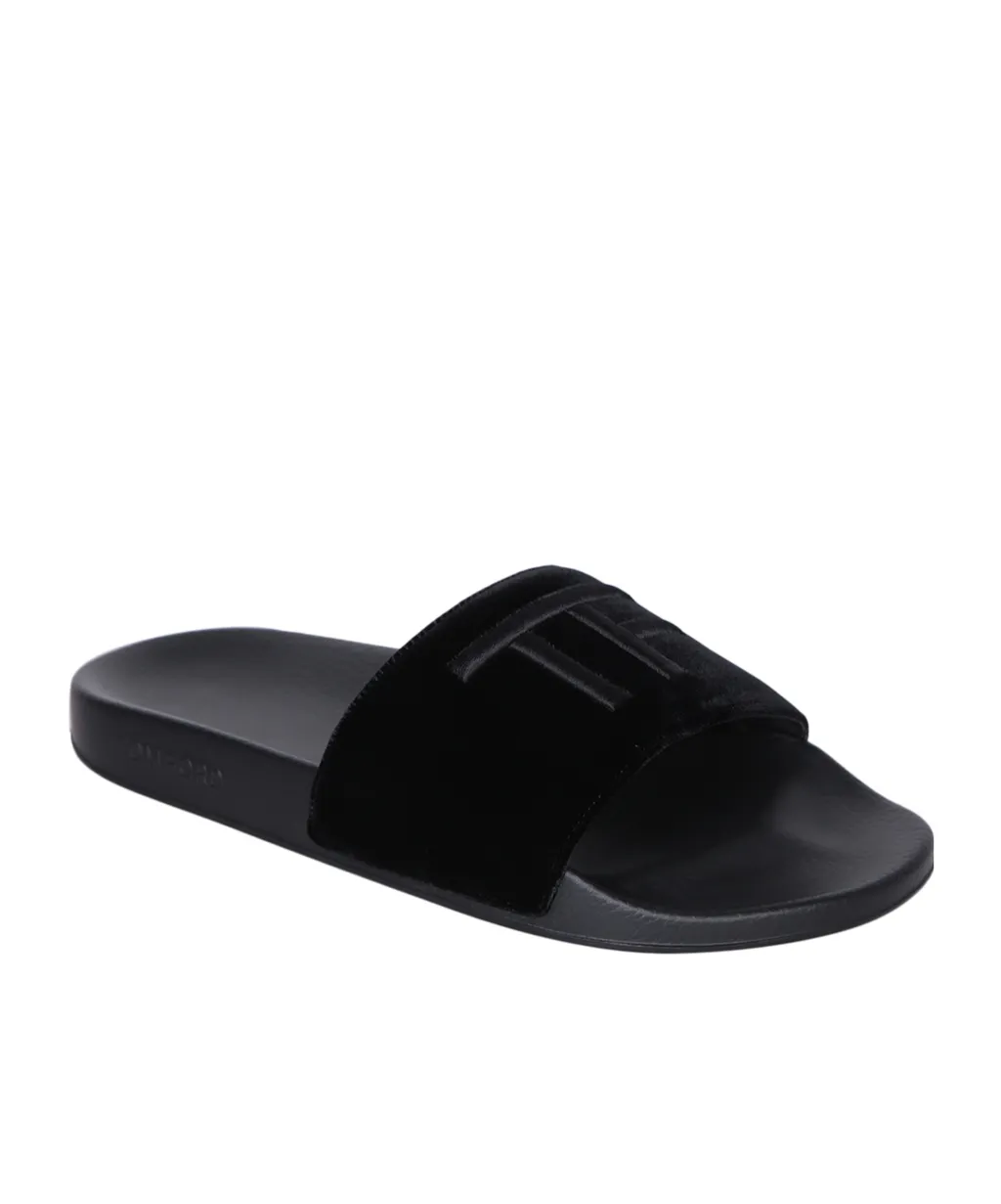 Logo Embroidered Open-Toe Velvet Slides