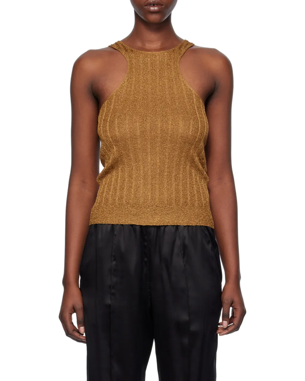 Metallic Crewneck Ribbed-Knit Tank Top