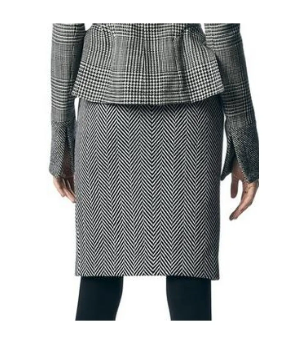 Chevron-Pattern Zipped Midi Pencil Skirt