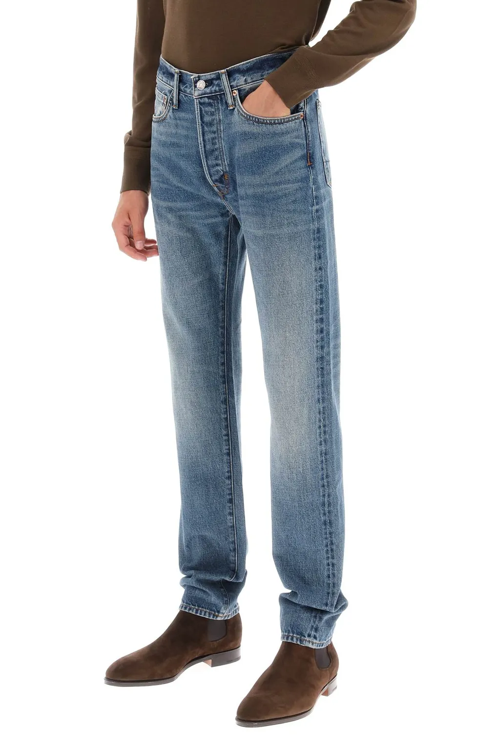 Button Zipper Denim Trousers