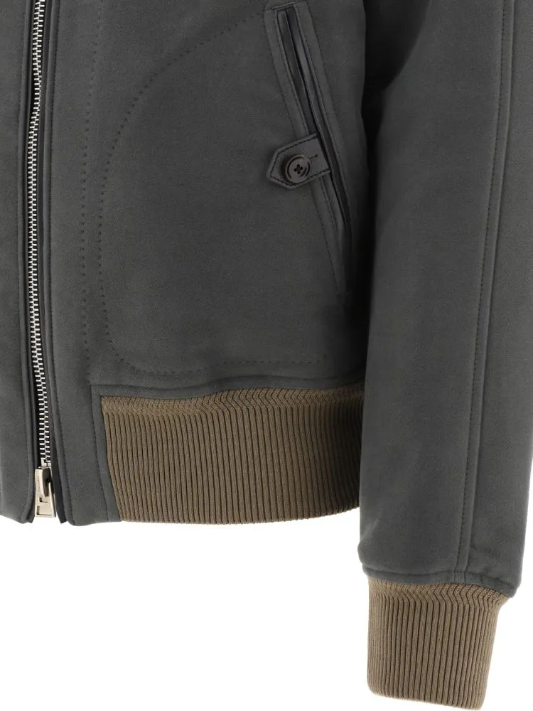 Ribbed-Detail Zipped-Up Bomber Jacket