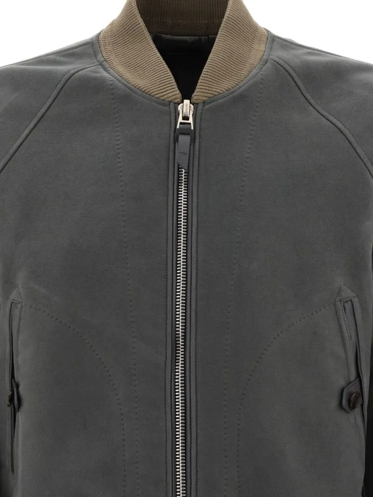 Ribbed-Detail Zipped-Up Bomber Jacket