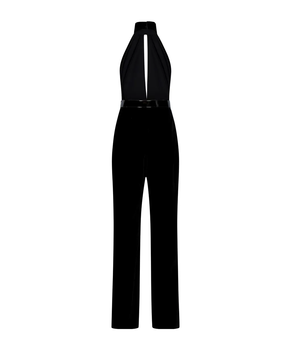 Stretch Velvet Belted Jumpsuit