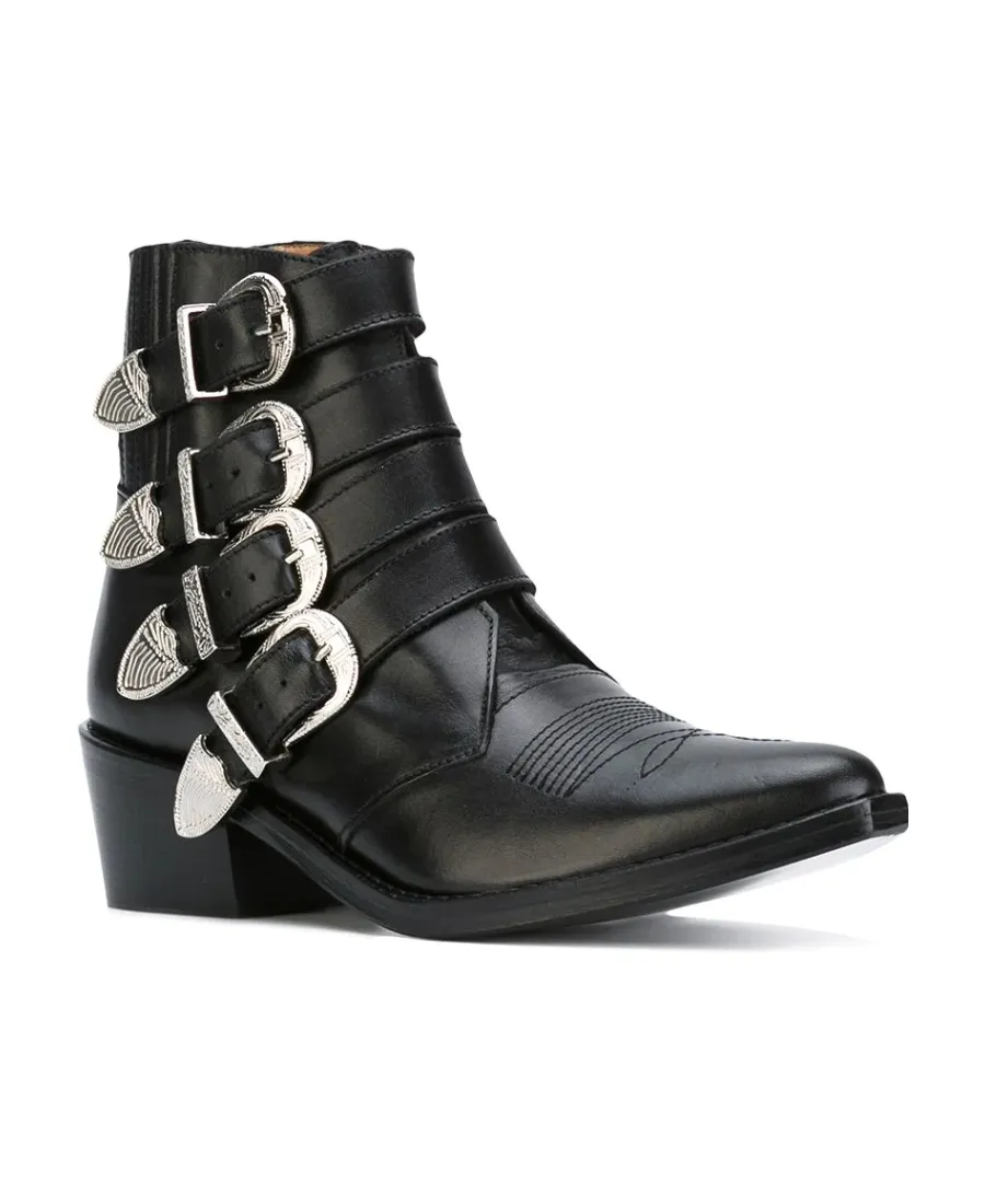 Metal Buckled Pointed Ankle Boots