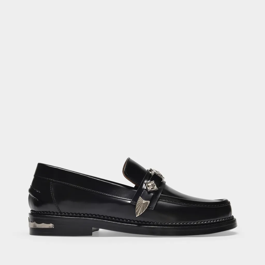 Metallic-Buckle Leather Loafers