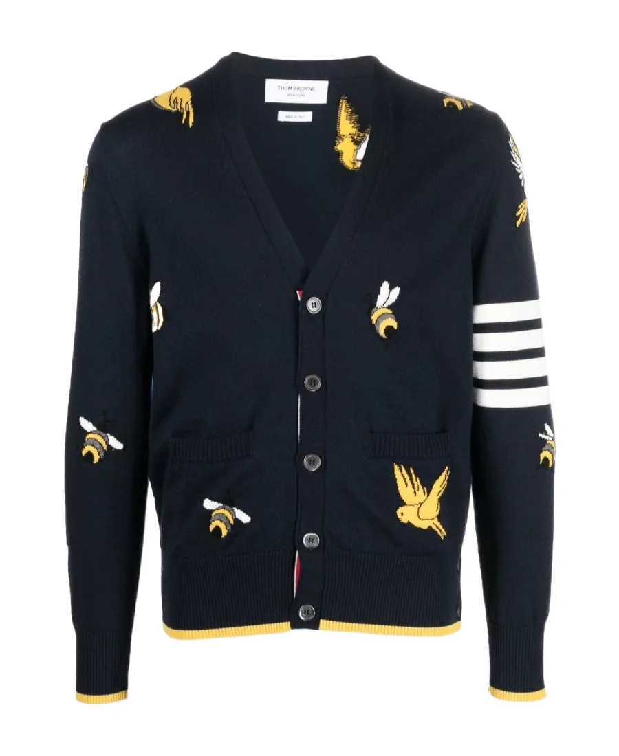 4-Bar Striped Intarsia-Patterned Buttoned Cardigan