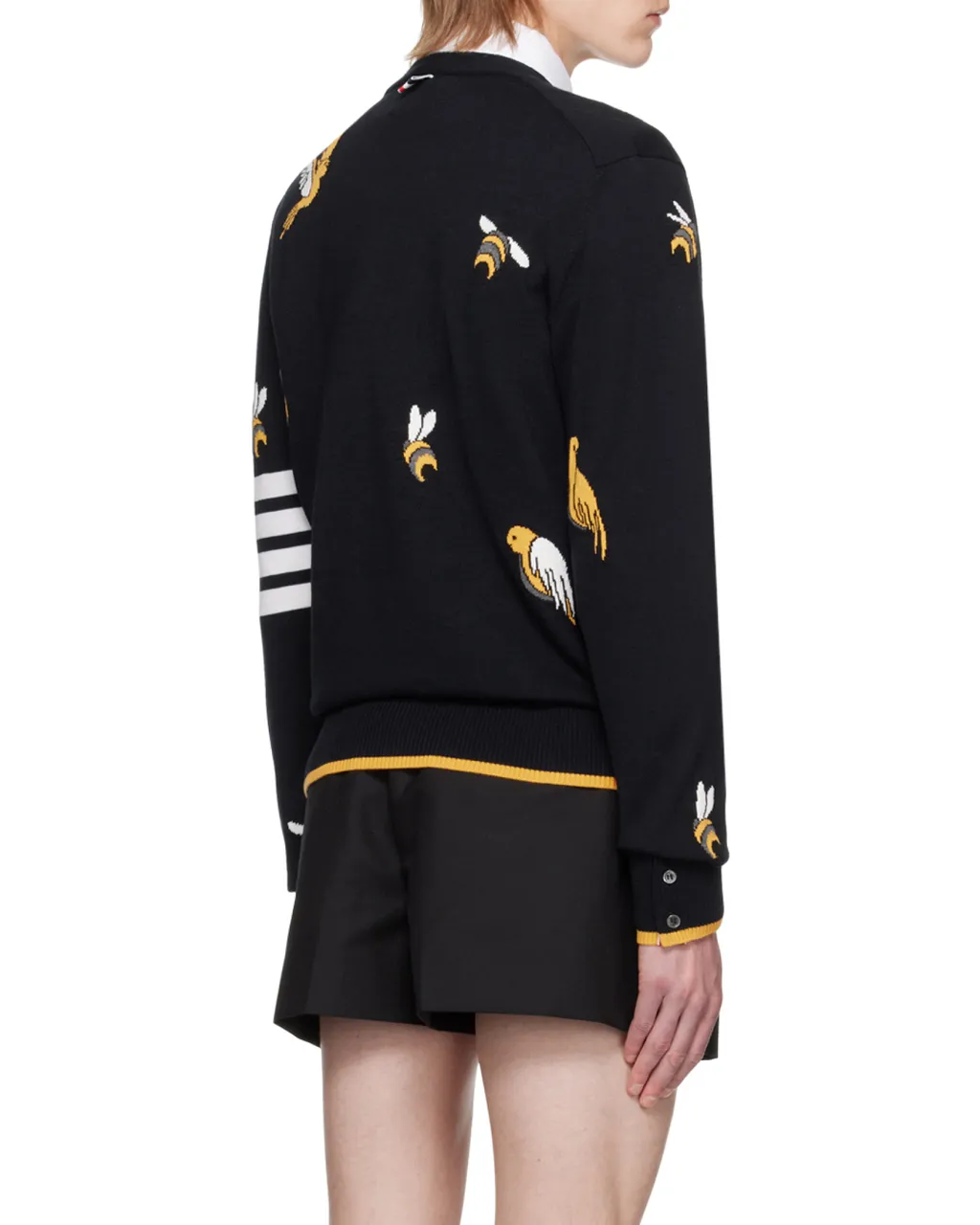 4-Bar Striped Intarsia-Patterned Buttoned Cardigan
