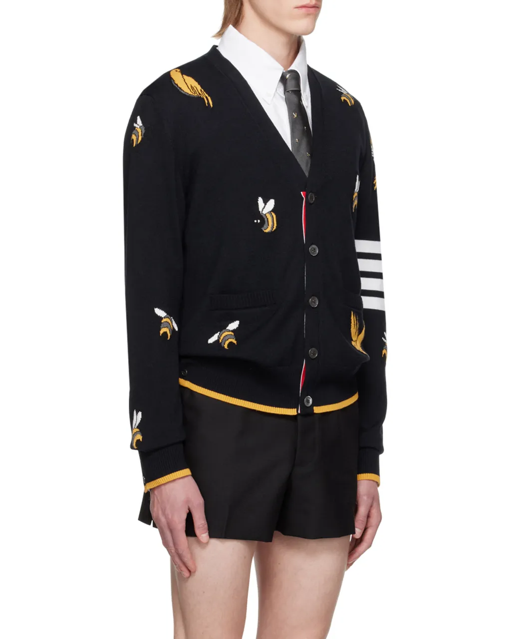 4-Bar Striped Intarsia-Patterned Buttoned Cardigan