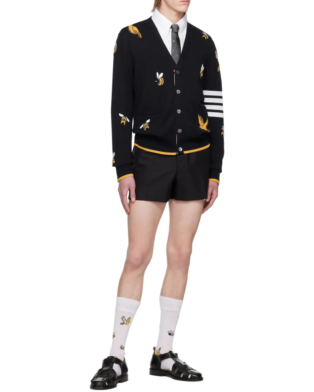 4-Bar Striped Intarsia-Patterned Buttoned Cardigan