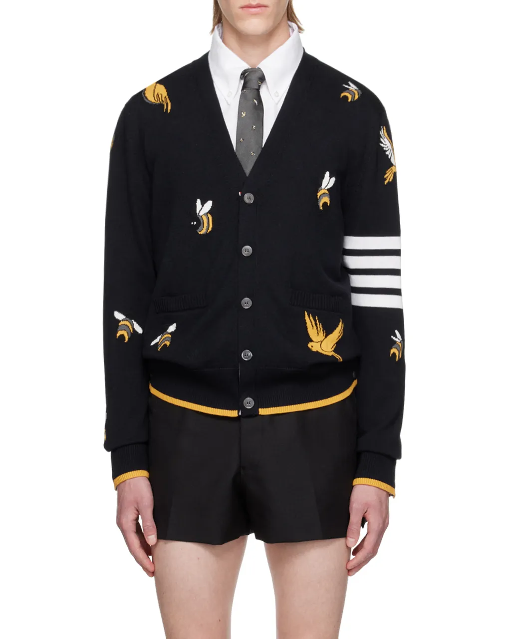 4-Bar Striped Intarsia-Patterned Buttoned Cardigan
