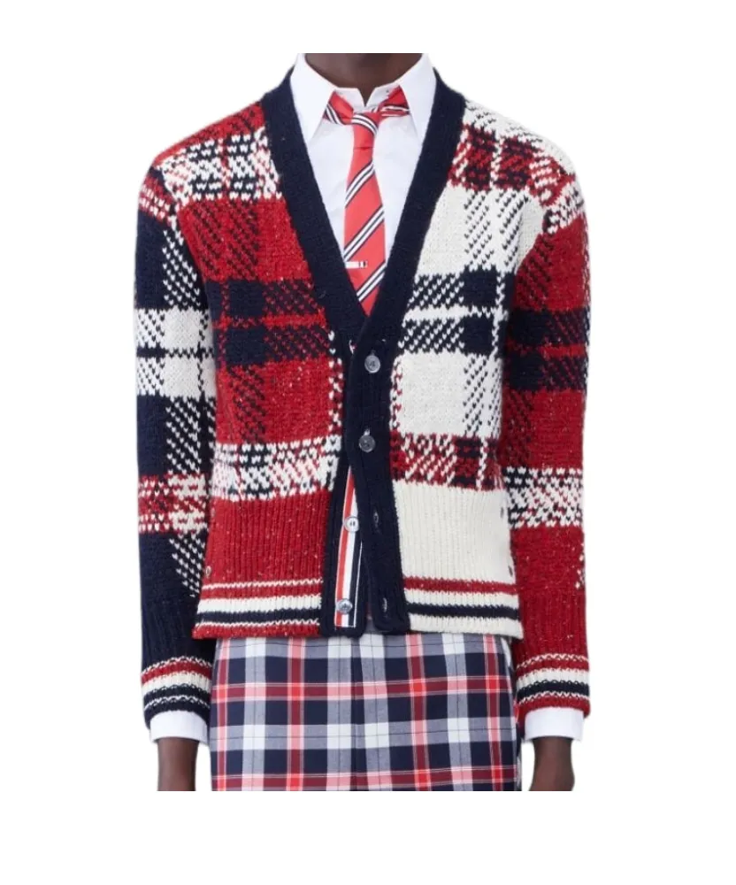 Checkered Button-Up Knit Cardigan