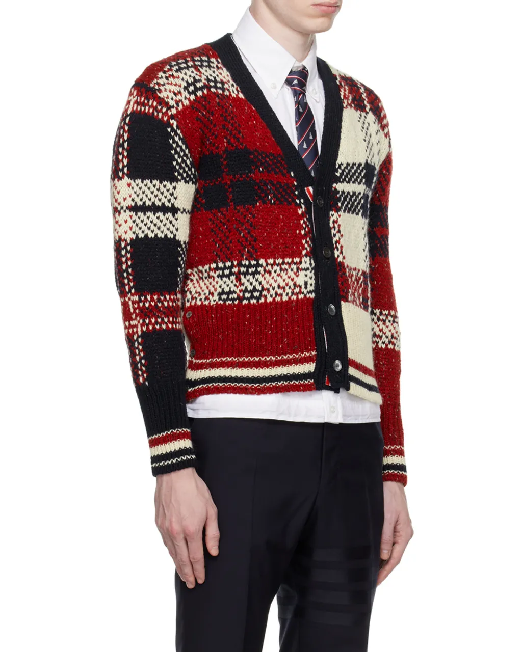 Checkered Button-Up Knit Cardigan