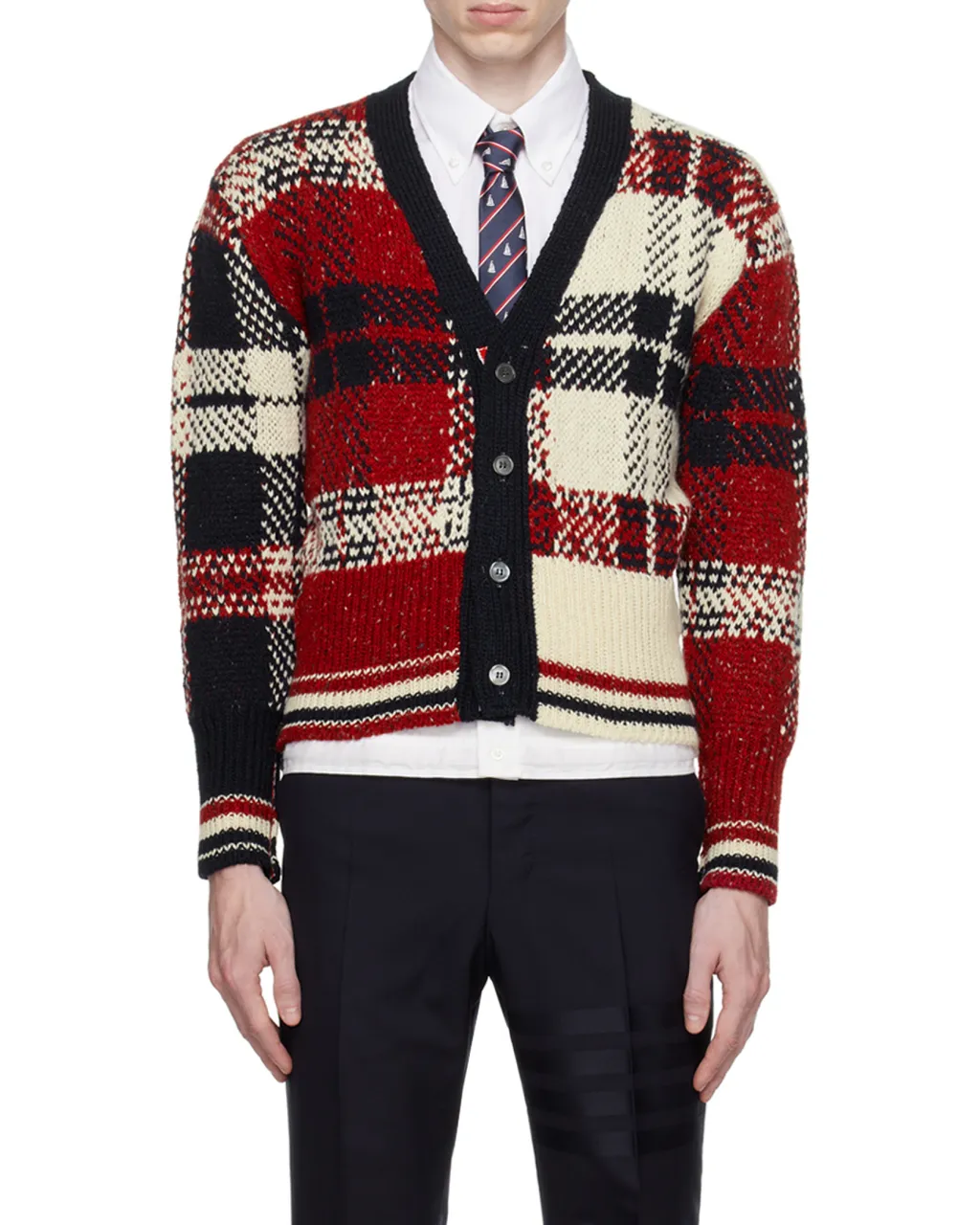 Checkered Button-Up Knit Cardigan