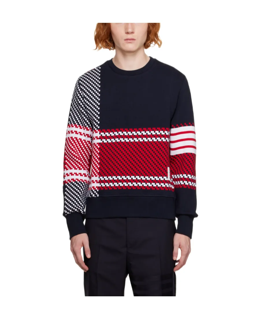 4-Bar Checked Cotton Sweatshirt
