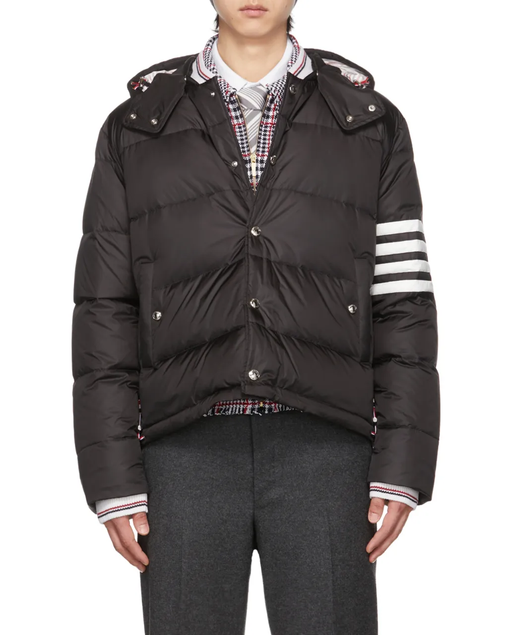 4-Bar Matte Nylon Bomber Hooded Down Jacket