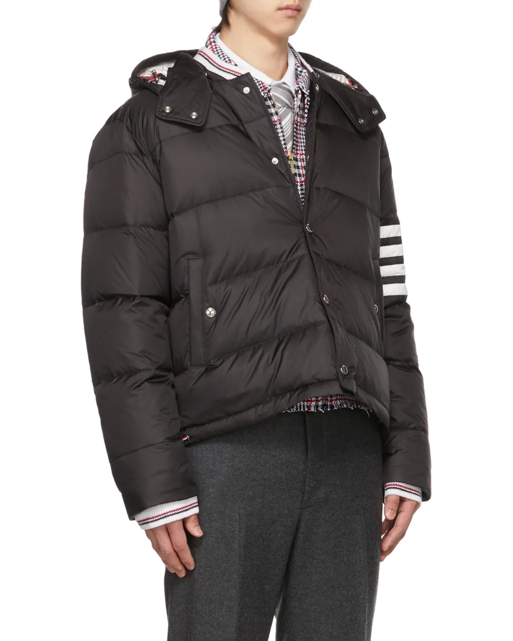 4-Bar Matte Nylon Bomber Hooded Down Jacket